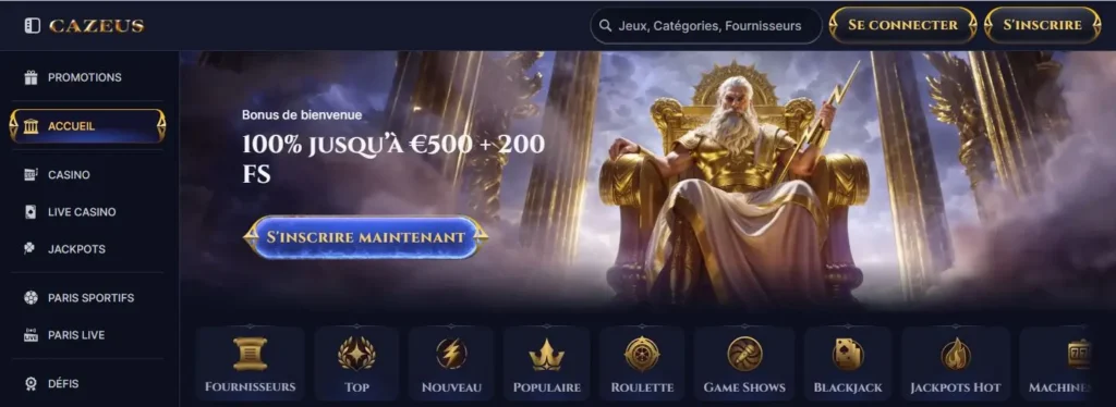 Cazeus Casino page d'accueil