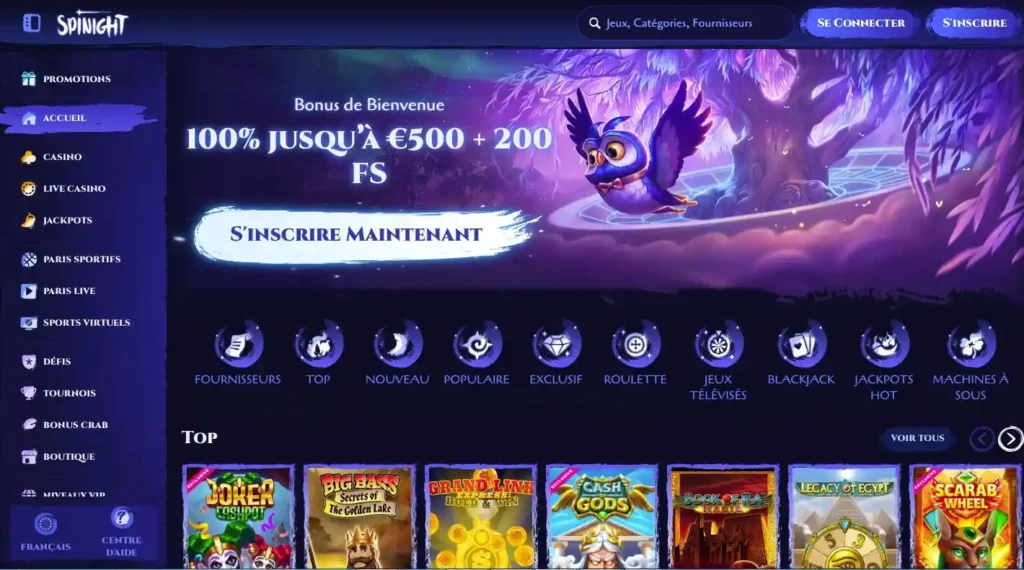 Spinight Casino page d'accueil